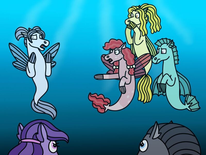 Size: 1280x960 | Tagged: safe, artist:kindheart525, derpibooru import, oc, oc:opaque opal, oc:saltwater taffy, hybrid, seapony (g4), auraverse, among us, image, interspecies offspring, jpeg, magical lesbian spawn, offspring, parent:pinkie pie, parent:princess skystar, parents:skypie, story included, underwater