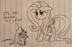 Size: 2072x1369 | Tagged: safe, anonymous artist, derpibooru import, fluttershy, mouse, pegasus, pony, dialogue, drawthread, duo, image, irl, jpeg, kneeling, lined paper, monochrome, photo, redwall, requested art, sword, traditional art, weapon