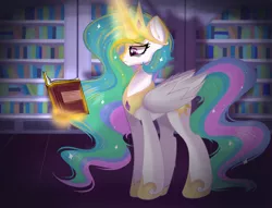 Size: 5312x4049 | Tagged: safe, artist:janelearts, derpibooru import, princess celestia, alicorn, book, crown, hoof shoes, image, jewelry, magic, png, reading, regalia, telekinesis, tired, tired eyes