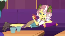 Size: 1366x768 | Tagged: safe, derpibooru import, screencap, vignette valencia, equestria girls, inclement leather, cropped, female, image, inclement leather: vignette valencia, lounging, mobile phone, offscreen character, phone, pillow, png, solo focus