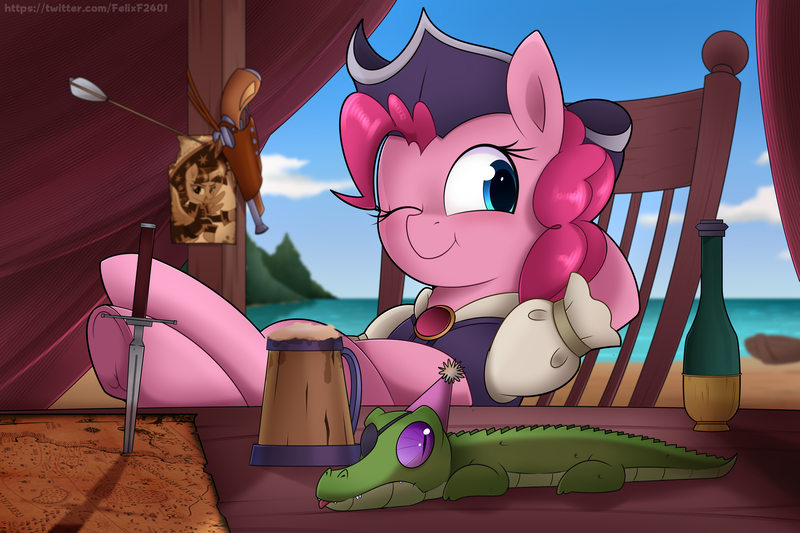 Size: 6000x4000 | Tagged: safe, artist:felixf, derpibooru import, gummy, pinkie pie, twilight sparkle, twilight sparkle (alicorn), alicorn, earth pony, pony, :p, absurd resolution, arrow, bottle, chair, cider, cute, dagger, diapinkes, eyepatch, hat, hooves on the table, image, map, one eye closed, pinkie pirate, pirate, pirate hat, pirate pinkie pie, pirate twilight, png, reclining, sitting, smiling, tankard, tongue out, treasure map, underhoof, weapon