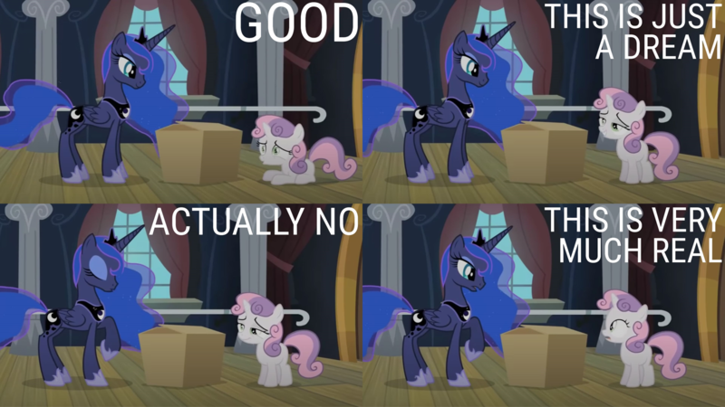 Size: 1986x1117 | Tagged: safe, derpibooru import, edit, edited screencap, editor:quoterific, screencap, princess luna, sweetie belle, alicorn, pony, unicorn, for whom the sweetie belle toils, box, duo, duo female, eyes closed, female, image, open mouth, png, shocked