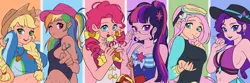 Size: 1500x500 | Tagged: source needed, useless source url, safe, artist:卯卯七, derpibooru import, applejack, fluttershy, pinkie pie, rainbow dash, rarity, sci-twi, twilight sparkle, human, equestria girls, equestria girls series, forgotten friendship, belly button, breasts, busty applejack, busty fluttershy, busty rainbow dash, busty rarity, clothes, delicious flat chest, flatlight sparkle, food, glasses, goggles, hat, human coloration, humane five, humane six, humanized, ice cream, image, jpeg, looking at you, midriff, ponytail, rainbow flat, sideboob, sleeveless, swimsuit, wetsuit, whistle