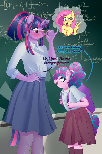 Size: 2652x4000 | Tagged: questionable, artist:xjenn9, derpibooru import, fluttershy, princess flurry heart, twilight sparkle, alicorn, anthro, pegasus, pony, aunt and niece, backpack, blushing, breasts, chalkboard, chemistry, clothes, cursive writing, cute, cyrillic, english, female, filly, filly flurry heart, flurrybetes, glasses, high res, image, implied lesbian, implied shipping, implied twishy, lesbian, nipples, nudity, older, older flurry heart, png, ponytail, russian, school uniform, shipping, shirt, skirt, socks, thought bubble, tongue out, twishy