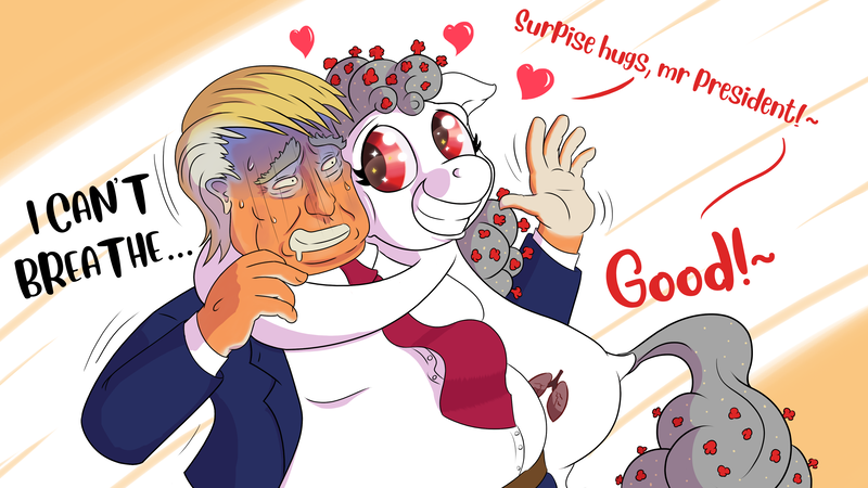 Size: 3840x2160 | Tagged: safe, artist:cocaine, derpibooru import, oc, oc:corona bleach, earth pony, human, pony, american politics, clothes, comments locked down, coronavirus, covid-19, current events, donald trump, eyes on the prize, hug, illness, image, png, political cartoon, politics, president, smiling, suit, text