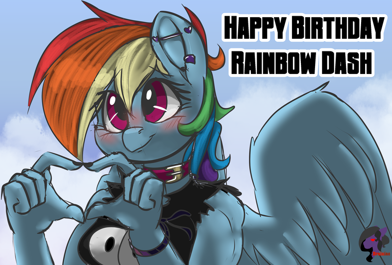 Size: 3194x2160 | Tagged: safe, artist:brainiac, derpibooru import, rainbow dash, anthro, pegasus, pony, clothes, cute, dashabetes, derpibooru exclusive, fall guys, female, happy birthday, image, mare, piercing, png, practice, rainbow dash day, rainbow dash's birthday, solo, text