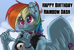 Size: 3194x2160 | Tagged: safe, artist:brainiac, derpibooru import, rainbow dash, anthro, pegasus, pony, clothes, cute, dashabetes, derpibooru exclusive, fall guys, female, happy birthday, image, mare, piercing, png, practice, rainbow dash day, rainbow dash's birthday, solo, text