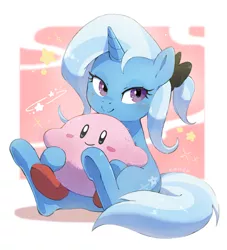 Size: 1847x2033 | Tagged: safe, artist:nendo, derpibooru import, trixie, pony, unicorn, abstract background, alternate hairstyle, bow, cute, diatrixes, female, hair bow, image, kirby, looking at you, looking away, mare, nintendo, png, ponytail, sitting, smiling, smiling at you, tail, underhoof