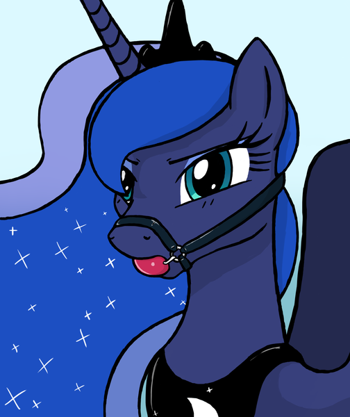 Size: 1500x1785 | Tagged: suggestive, alternate version, artist:vadytwy, derpibooru import, princess luna, alicorn, pony, ballgag, bdsm, blue background, blue coat, blue eyeshadow, blue mane, bridle, bust, crown, ethereal mane, eyeshadow, female, frown, gag, green eyes, harness gag, horn, image, jewelry, looking forward, luna is not amused, makeup, mare, peytral, png, regalia, simple background, solo, solo female, spread wings, starry mane, tack, two toned mane, unamused, wings