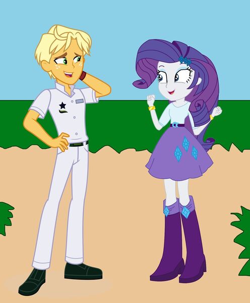 Size: 1280x1548 | Tagged: safe, artist:agent751, derpibooru import, ragamuffin (equestria girls), rarity, equestria girls, equestria girls series, boots, clothes, female, image, jpeg, looking at each other, male, rarimuffin, shipping, shoes, skirt, smiling, straight, trousers