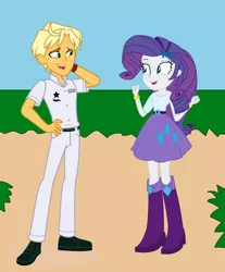 Size: 1280x1548 | Tagged: safe, artist:agent751, derpibooru import, ragamuffin (equestria girls), rarity, equestria girls, equestria girls series, boots, clothes, female, image, jpeg, looking at each other, male, rarimuffin, shipping, shoes, skirt, smiling, straight, trousers