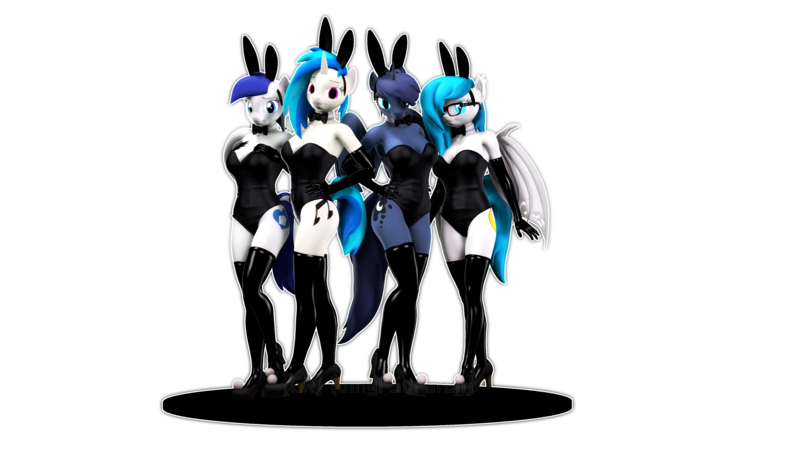 Size: 3840x2160 | Tagged: suggestive, artist:gr-vinyl-scratch, derpibooru import, princess luna, vinyl scratch, oc, oc:xenia amata, anthro, 3d, breasts, bunny suit, casual luna, clothes, evening gloves, gloves, high heels, image, latex, latex gloves, latex socks, long gloves, png, shoes, simple background, socks, source filmmaker, thigh highs, transparent background