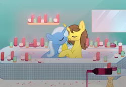 Size: 1920x1337 | Tagged: safe, artist:grapefruitface1, derpibooru import, trixie, oc, oc:grapefruit face, alcohol, base used, bath, bathroom, blushing, boop, candle, canon x oc, champagne, eyes closed, female, grapexie, hoof on chin, image, male, noseboop, png, romantic, shipping, straight, wine