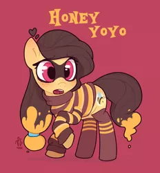 Size: 1300x1400 | Tagged: safe, artist:lilpinkghost, derpibooru import, oc, oc:honey yoyo, unofficial characters only, earth pony, pony, animal costume, bee costume, candy, clothes, costume, female, food, honey, image, mare, png, shy, simple background, socks, solo, sweater, sweet