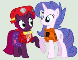 Size: 1394x1086 | Tagged: safe, artist:jadethepegasus, derpibooru import, fizzlepop berrytwist, tempest shadow, oc, oc:aurora (tempest's mother), pony, unicorn, series:sprglitemplight diary, series:sprglitemplight life jacket days, series:springshadowdrops diary, series:springshadowdrops life jacket days, alternate universe, clothes, duo, female, gray background, i can't believe it's not 徐詩珮, image, lifejacket, mare, marshall (paw patrol), mother and child, mother and daughter, paw patrol, png, simple background