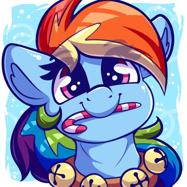 Size: 2000x2000 | Tagged: safe, artist:graphene, derpibooru import, rainbow dash, pegasus, pony, bell, bell collar, bells, bust, candy, candy cane, christmas, collar, cute, dashabetes, eyebrows visible through hair, female, food, holiday, image, jingle bells, jpeg, mare, mouth hold, portrait, profile picture, solo