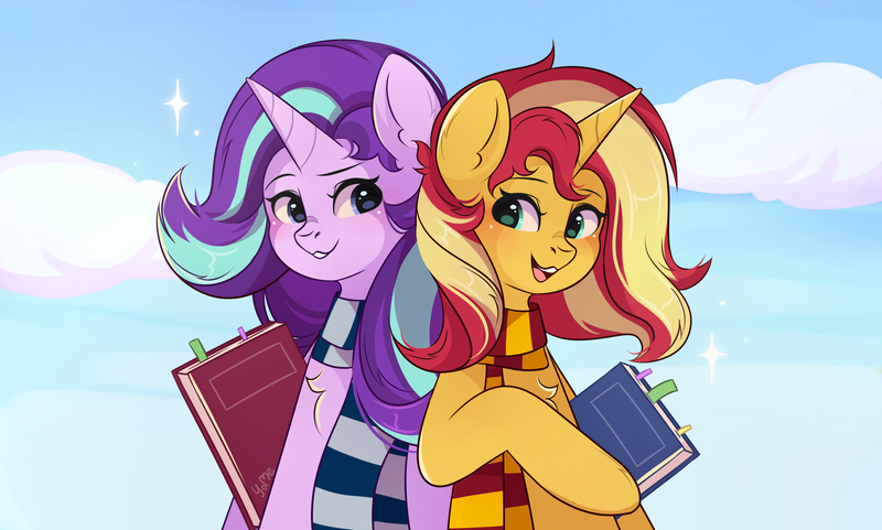 Size: 3500x2105 | Tagged: safe, artist:yomechka, derpibooru import, starlight glimmer, sunset shimmer, pony, unicorn, book, chest fluff, clothes, cloud, cute, duo, female, glimmerbetes, high res, image, mare, open mouth, png, scarf, shimmerbetes, sky, smiling, striped scarf