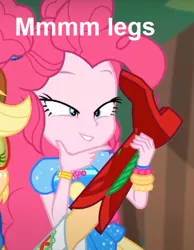 Size: 384x494 | Tagged: safe, derpibooru import, edit, edited screencap, screencap, applejack, pinkie pie, accountibilibuddies, equestria girls, equestria girls series, spoiler:eqg series (season 2), accountibilibuddies: pinkie pie, applejack's hat, boots, clothes, context is for the weak, cowboy boots, cowboy hat, cropped, dress, eyebrows, eyelashes, geode of sugar bombs, glasses, hat, holding, image, legs, magical geodes, offscreen character, outdoors, pinkie being pinkie, png, shoes, teeth, text, text edit, tree, wristband