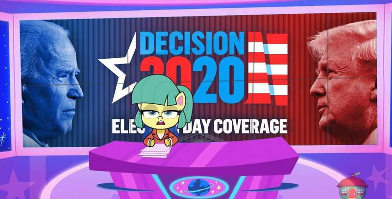 Size: 1259x640 | Tagged: safe, artist:mlpfan3991, derpibooru import, edit, edited screencap, screencap, earth pony, human, pony, my little pony: pony life, the rarity report, spoiler:pony life s01e25, clothes, donald trump, election, female, image, irl, irl human, joe biden, jpeg, karen (pony life), male, mare, open mouth, paper, photo, politics, suit