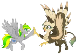 Size: 2623x1830 | Tagged: safe, artist:scarlet-spectrum, derpibooru import, oc, oc:dillinger, oc:silver blaze, unofficial characters only, gryphon, pegasus, pony, griffon oc, high five, image, pegasus oc, png, simple background, transparent background, wings