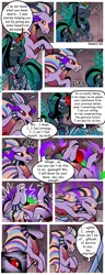 Size: 1500x3900 | Tagged: safe, artist:nancy-05, author:bigonionbean, derpibooru import, oc, oc:empress sacer malum, oc:melicus ostium, changeling, changeling queen, hybrid, pony, siren, unicorn, comic:fusing the fusions, comic:time of the fusions, absorption, barrier, black sclera, comforting, comic, commissioner:bigonionbean, confused, curved horn, dark magic, female, fusion, fusion:empress sacer malum, fusion:melicus ostium, headache, horn, image, jewelry, magic, not an alicorn, png, possessed, possession, regalia, sombra eyes, tartarus, water fountain