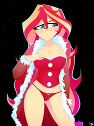 Size: 2448x3264 | Tagged: suggestive, alternate version, artist:xan-gelx, derpibooru import, sunset shimmer, equestria girls, big breasts, black background, breasts, busty sunset shimmer, christmas, cleavage, clothes, female, high res, holiday, image, jpeg, looking away, panties, simple background, snow, solo, solo female, stupid sexy sunset shimmer, tsundere, tsunset shimmer, underwear