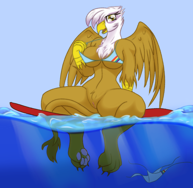 Size: 1352x1316 | Tagged: explicit, artist:codras, derpibooru import, gilda, anthro, digitigrade anthro, gryphon, bikini, bikini bottom, bikini top, bottomless, breasts, busty gilda, clothes, female, fit, image, nudity, ocean, partial nudity, paw pads, paws, png, pubic fluff, sitting, solo, solo female, spreading, spread legs, surfboard, swimsuit, underpaw, vulva, water, wings