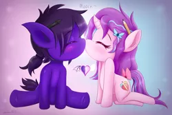 Size: 5184x3456 | Tagged: safe, artist:zionworldartist, derpibooru import, oc, unofficial characters only, earth pony, pony, unicorn, abstract background, blushing, bow, earth pony oc, eyes closed, frog (hoof), hair bow, hairclip, heart, horn, image, kissing, kneeling, onomatopoeia, pencil, png, sitting, underhoof, unicorn oc