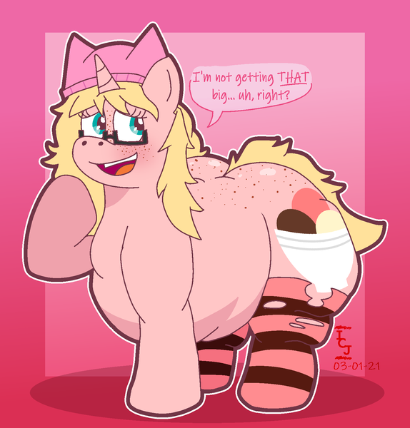 Size: 1508x1576 | Tagged: suggestive, artist:icecreamjaxxie, derpibooru import, oc, oc:mille feuille, unofficial characters only, pony, unicorn, back freckles, belly, big belly, blushing, butt, butt freckles, clothes, dialogue, fat, fat fetish, fetish, food, freckles, glasses, huge butt, ice cream, image, large butt, obese, png, smiling, socks, solo, speech bubble, stretched cutie mark, striped socks