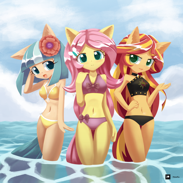 Size: 1250x1250 | Tagged: safe, artist:howxu, derpibooru import, coco pommel, fluttershy, sunset shimmer, anthro, adorasexy, belly button, bikini, blushing, breasts, busty coco pommel, busty fluttershy, busty sunset shimmer, cleavage, clothes, cloud, cocobetes, cute, ear fluff, eyelashes, female, hand on hip, image, looking at you, open mouth, patreon, patreon logo, png, sexy, shimmerbetes, shyabetes, sky, swimsuit, trio, water