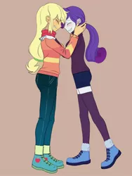 Size: 1620x2160 | Tagged: safe, artist:haibaratomoe, derpibooru import, applejack, rarity, equestria girls, blushing, boots, clothes, eyes closed, female, forehead touch, image, jpeg, lesbian, rarijack, scarf, shipping, shoes, simple background, sweater, tan background