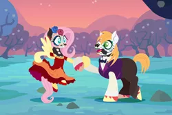 Size: 2160x1440 | Tagged: safe, anonymous artist, derpibooru import, big macintosh, fluttershy, earth pony, pegasus, pony, series:fm holidays, bowtie, calavera catrina, clothes, dancing, dia de los muertos, dress, face paint, female, floating, flower, flower in hair, fluttermac, holiday, hoof hold, image, lineless, looking at you, male, mare, no pupils, png, rose, shipping, stallion, straight, sunset, vest