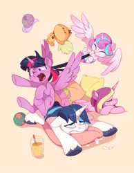 Size: 929x1199 | Tagged: safe, artist:drtuo4, derpibooru import, princess cadance, princess flurry heart, shining armor, spike, twilight sparkle, twilight sparkle (alicorn), alicorn, dragon, pony, unicorn, aunt and niece, auntie twilight, baby, baby food, baby pony, babysitting, ball, brother and sister, cute, diaper, eyeshadow, family, feather, female, filly, flying, hair pulling, husband and wife, image, jpeg, makeup, male, mare, open mouth, ouch, pillow, plushie, siblings, sleeping, stallion, tired