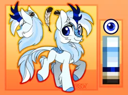 Size: 2565x1914 | Tagged: safe, artist:sickly-sour, derpibooru import, kirin oc, oc, oc:code quill, unofficial characters only, kirin, blue eyes, chest fluff, color palette, colored hooves, commission, image, leg fluff, leonine tail, male, png, ponysona, quill, raised hoof, reference sheet, simple background, smiling, solo