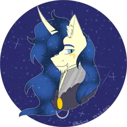 Size: 3043x3043 | Tagged: safe, artist:aritina, derpibooru import, oc, oc:starry, unofficial characters only, hybrid, pony, unicorn, bust, colored, ear fluff, ethereal mane, fangs, head, high res, horn, image, male, png, signature, simple background, smiling, solo, stallion, starry mane, transparent background