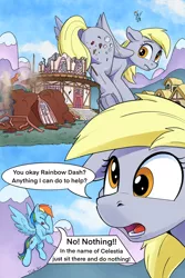 Size: 2000x3000 | Tagged: safe, artist:tsitra360, derpibooru import, derpy hooves, rainbow dash, pegasus, pony, comic:the last roundup resized, the last roundup, butt, comic, destruction, female, floppy ears, frog (hoof), giant derpy hooves, giant pegasus, giant pony, giantess, i just don't know what went wrong, image, macro, open mouth, png, ponyville, scene interpretation, town hall, underhoof