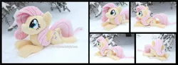 Size: 4755x1754 | Tagged: safe, artist:peruserofpieces, derpibooru import, fluttershy, pegasus, pony, beanie (plushie), cute, daaaaaaaaaaaw, female, happy, image, irl, lying down, mare, photo, plushie, png, prone, shyabetes, smiling, snow, sploot, tree, wings