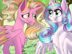 Size: 1024x768 | Tagged: safe, artist:karathepony, derpibooru import, luster dawn, princess flurry heart, alicorn, pony, alicornified, chest fluff, colored wings, colored wingtips, crown, duo, female, forest, image, jewelry, looking at each other, lustercorn, mare, older, older flurry heart, png, race swap, regalia, signature, smiling, tree, wings