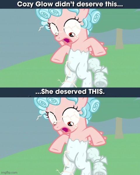 Size: 500x625 | Tagged: safe, derpibooru import, edit, screencap, cozy glow, pegasus, pony, the ending of the end, caption, cozy deserved this, cozybuse, female, filly, image, image macro, jpeg, meme, op isn't even trying anymore, petrification, punish the villain, punishment, text