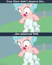 Size: 500x625 | Tagged: safe, derpibooru import, edit, screencap, cozy glow, pegasus, pony, the ending of the end, caption, cozy deserved this, cozybuse, female, filly, image, image macro, jpeg, meme, op isn't even trying anymore, petrification, punish the villain, punishment, text