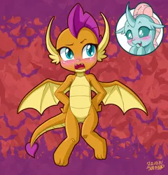 Size: 1000x1042 | Tagged: safe, alternate version, artist:uotapo, derpibooru import, ocellus, smolder, changedling, changeling, dragon, blushing, changeling x dragon, cute, female, image, jpeg, lesbian, open mouth, shipping, smolcellus, uotapo is trying to murder us, weapons-grade cute