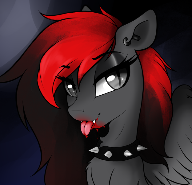 Size: 2756x2652 | Tagged: semi-grimdark, artist:arjinmoon, derpibooru import, oc, oc:burning shadow, pegasus, pony, vampire, :p, blood, bust, fangs, image, png, portrait, profile picture, solo, tongue out