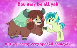 Size: 4600x2900 | Tagged: safe, artist:andoanimalia, derpibooru import, sandbar, yona, earth pony, yak, complex background, female, heart, hearts and hooves day, image, male, png, shipping, straight, yonabar