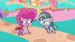 Size: 1920x1080 | Tagged: safe, derpibooru import, screencap, pinkie pie, earth pony, pony, my little pony: pony life, pie vs. pie, spoiler:pony life s01e23, brother and sister, duo, female, image, looking at each other, male, mare, nervous, octavio pie, png, siblings, stallion, unamused