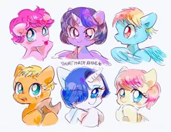 Size: 2048x1583 | Tagged: safe, artist:osawari64, derpibooru import, applejack, fluttershy, pinkie pie, rainbow dash, rarity, twilight sparkle, twilight sparkle (alicorn), alicorn, earth pony, pegasus, pony, unicorn, :p, alternate hairstyle, bust, cute, female, hair over one eye, hatless, image, jpeg, mane six, mare, missing accessory, portrait, short hair, simple background, tongue out, white background