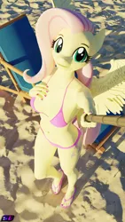 Size: 2880x5120 | Tagged: suggestive, artist:shadowboltsfm, derpibooru import, fluttershy, anthro, pegasus, plantigrade anthro, 3d, 4k, beach, bikini, blender, breasts, busty fluttershy, clothes, feather, feet, female, flip-flops, image, nail polish, not sfm, png, reasonably sized breasts, sand, selfie, selfie stick, sexy, smiling, standing, swimsuit, toenail polish, toes, wings