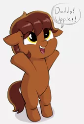 Size: 968x1412 | Tagged: safe, artist:heretichesh, derpibooru import, oc, oc:garnet gold, earth pony, pony, bipedal, cute, dialogue, female, filly, happy, image, ocbetes, offscreen character, offspring, parent:oc:flint spark, parent:oc:ruby rouge, parents:oc x oc, png, rearing, text, upsies, weapons-grade cute