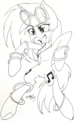Size: 2062x3274 | Tagged: safe, artist:juliet-gwolf18, derpibooru import, vinyl scratch, pony, unicorn, bipedal, both cutie marks, featureless crotch, female, glowstick, grin, horn, image, jewelry, jpeg, lineart, mare, monochrome, necklace, signature, simple background, smiling, solo, sunglasses, traditional art, underhoof, white background