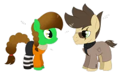 Size: 3257x2048 | Tagged: safe, artist:dyonys, derpibooru import, oc, oc:lucky brush, oc:night chaser, unofficial characters only, earth pony, pony, chibi, clothes, coat, female, freckles, glasses, image, luckychaser, male, mare, png, scarf, simple background, skirt, stallion, sweater, transparent background, turtleneck