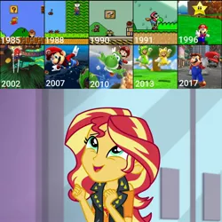 Size: 2896x2896 | Tagged: safe, derpibooru import, edit, edited screencap, screencap, sunset shimmer, human, yoshi, a fine line, equestria girls, equestria girls series, cat luigi, cat mario, crossover, excited, f.l.u.d.d., gamer sunset, geode of empathy, goomba, image, jpeg, luigi, magical geodes, mar10 day, mario, nintendo, super mario 3d world, super mario 64, super mario bros., super mario bros. 2, super mario bros. 3, super mario galaxy, super mario galaxy 2, super mario odyssey, super mario sunshine, super mario world, super star